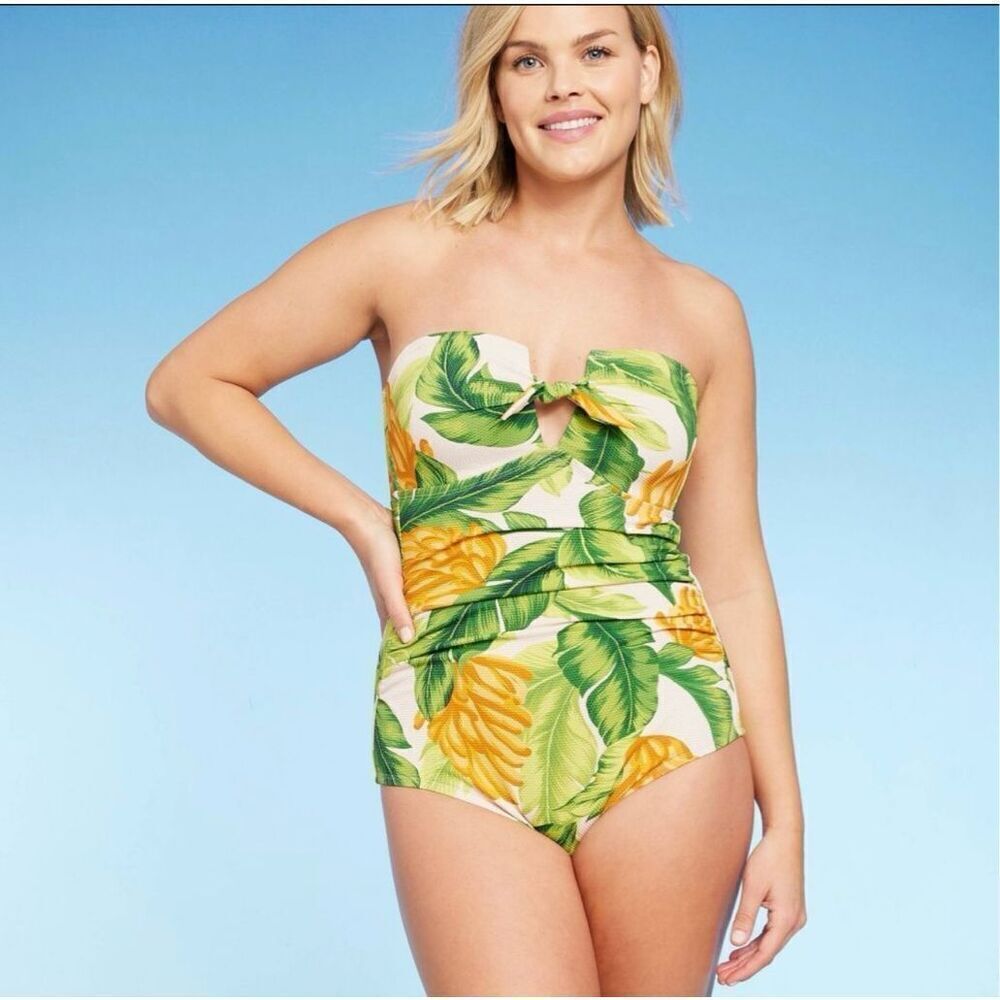 🌸 Kona Sol Strapless Banana Print Twist Front Swimsuit Size Medium New